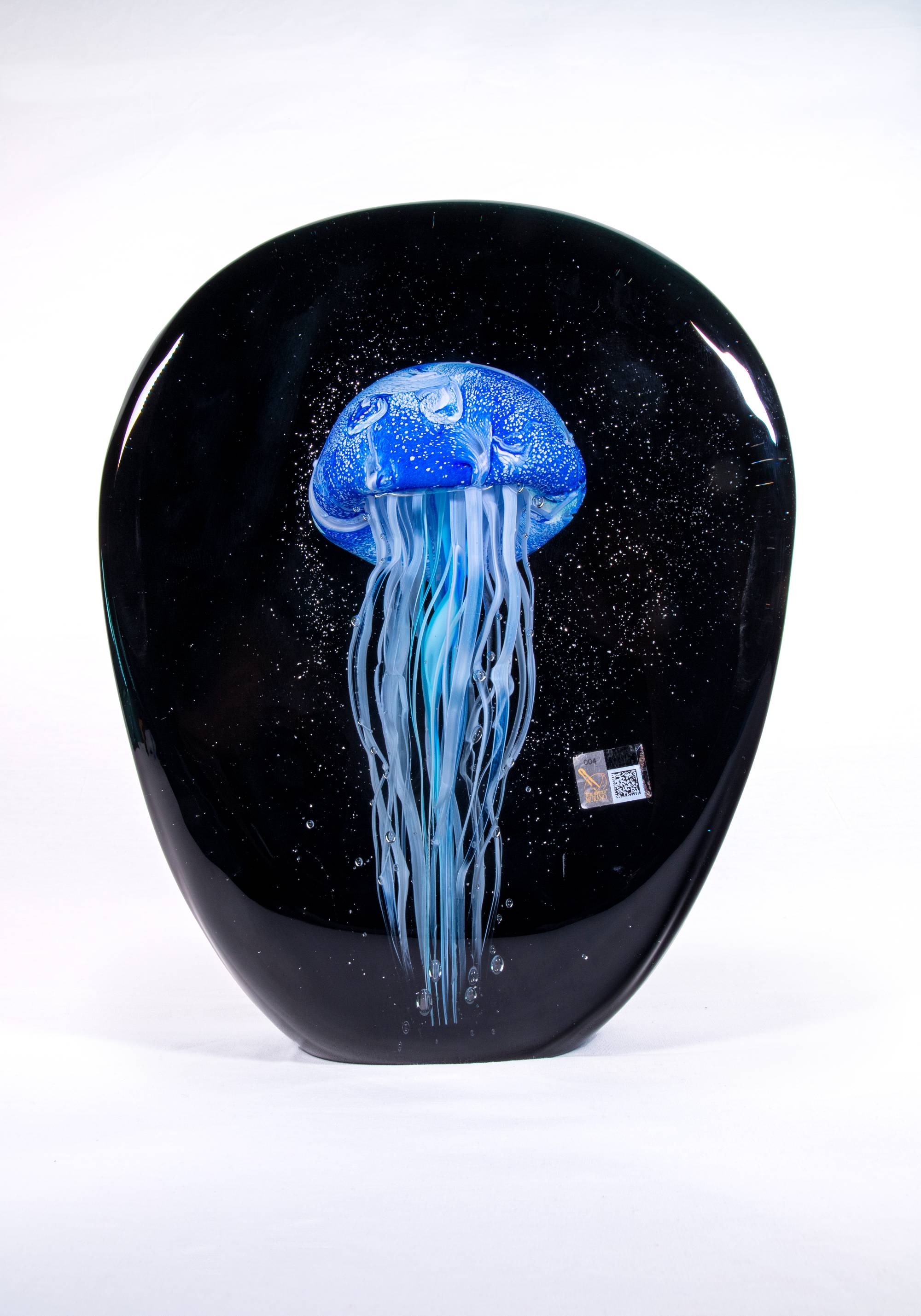 block of dark colored glass with jellyfish form in the middle interior